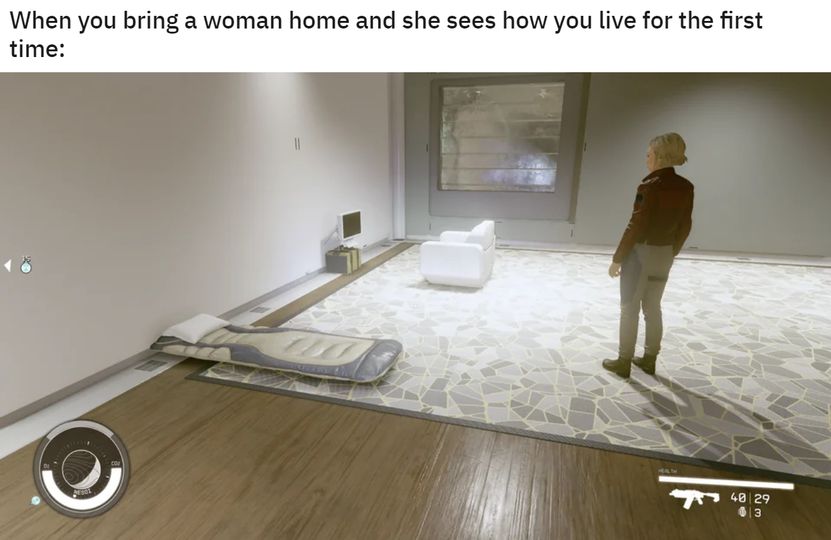 This meme is a humorous take on a common experience of gamers. The top image shows a gamer's home, but it's a mess, with a bed, a TV, and a couch all in a small space. The text above it reads "When you invite a gamer over". The bottom image shows a gamer's home, but it's a futuristic, high-tech space with a bed, a TV, and a couch all in a small space. The text above it reads "When you invite a gamer over for the first time".